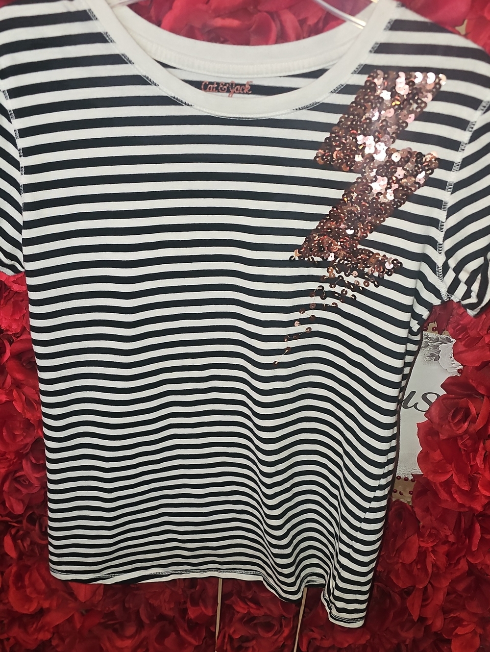Cat & Jack Black & White Striped Tee with Rose-Gold Sequin Lightning Size 14 XL